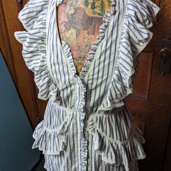 LoveShackFancy India Striped Voile Cotton Button Down Ruffle Mini Dress sz 8 - Picture 2 of 8